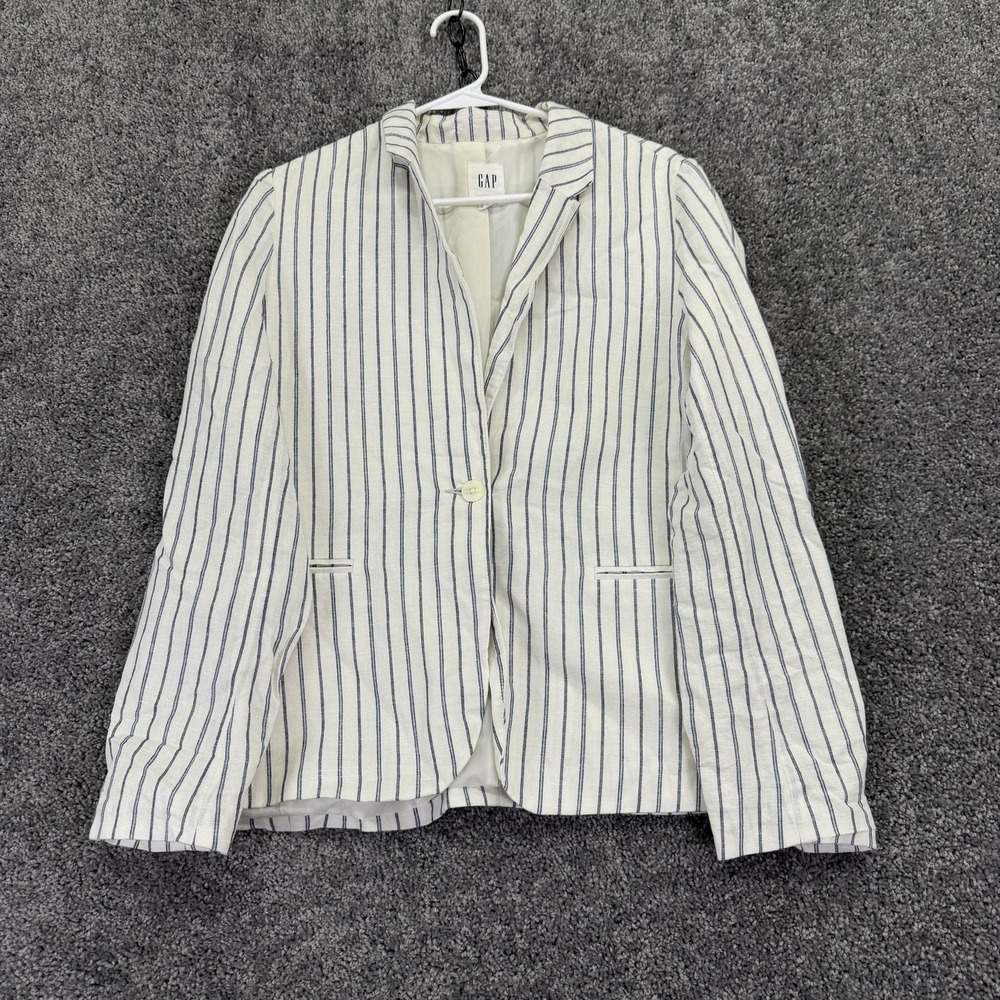 Gap Blazer Womens 12 White Striped Linen Cotton Lined One Button Workwear
